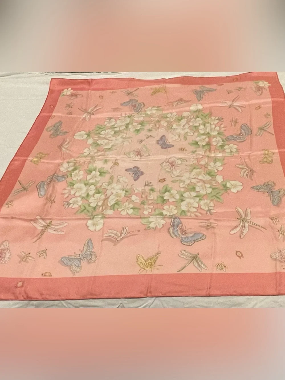 Beautiful scarf - Butterflies, dragonflies, & florals on a pink background